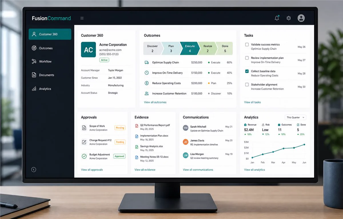 FUSION: Command operational dashboard with customers, outcomes, tasks, approvals, evidence, communications, and analytics